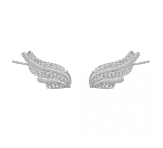 Brinco asa intercalada lisa e zirconia cristal. 18.5x8mm, prata. 351390
