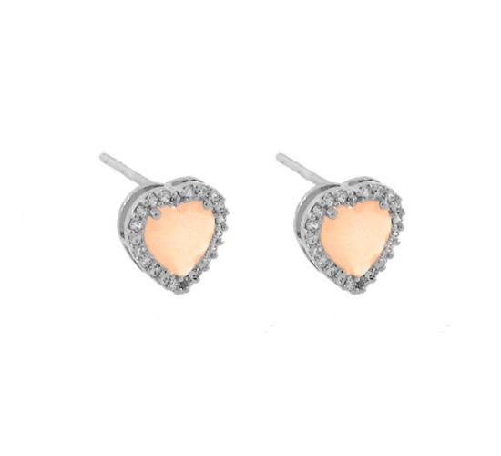 Brinco coracao pedra maior rosa leitoso com zirconia cristal em volta, 9.5x9.5mm, Prata. 351412