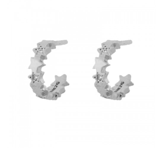 Brinco meia argola pequena intercalado estrelas lisas e zirconia cristal. 11.5mm, prata. 351438