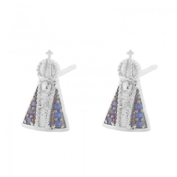 Brinco Nossa Senhora Aparecida com manto zirconia azul. 11.5x7mm. Prata. 351944