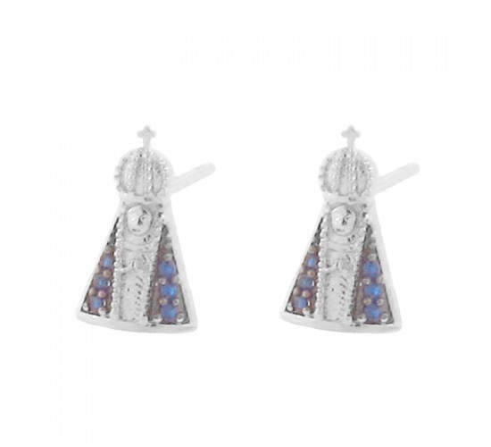Brinco Nossa Senhora Aparecida com manto zirconia azul. 11.5x7mm. Prata. 351944