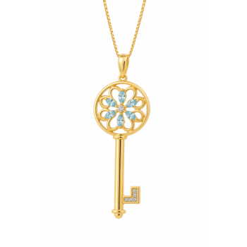Colar chave flor navetes azul agua marinha com detalhes zirconia cristal. 38mm. 161496