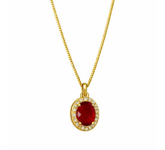 Colar oval pedra maior vermelho rubi com zirconia cristal em volta. 6x4mm. 161511