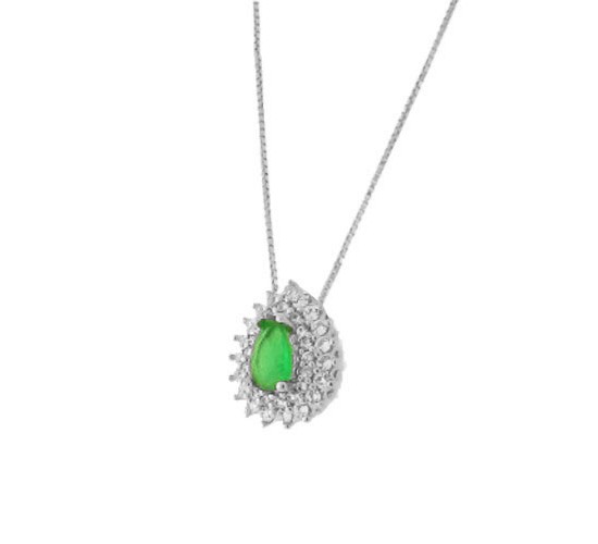 Colar gota pedra maior verde esmeralda com zirconia cristal em volta, 7x5mm, Prata. 360004