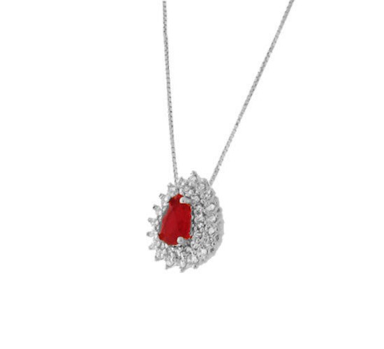 Colar gota pedra maior vermelho rubi com zirconia cristal em volta, 7x5mm, Prata. 360009