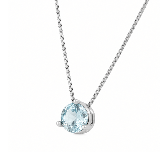 Colar ponto de luz redondo zirconia azul agua marinha 5mm, prata. 360090