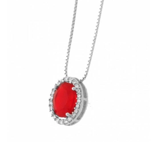 Colar oval pedra maior vermelho rubi com zirconia cristal em volta, 6x4mm, Prata. 361511