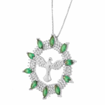 Colar Divino aro redondo em volta com navete verde esmeralda e zirconia cristal, Prata. 361610