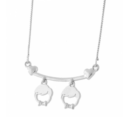 Colar canga com 2 meninos pendurados detalhe zirconia cristal, 11x25mm, Prata. 361905