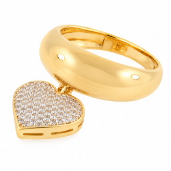 Anel aro maior liso com coracao zirconia cristal pendurado. 140711