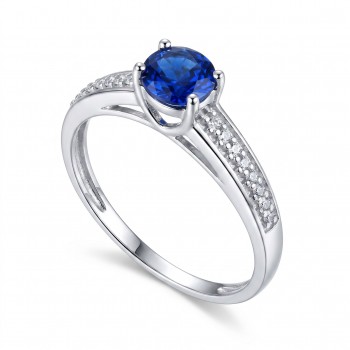 Anel solitartio azul safira 5mm zirconia cristal nas laterais, prata. 341509