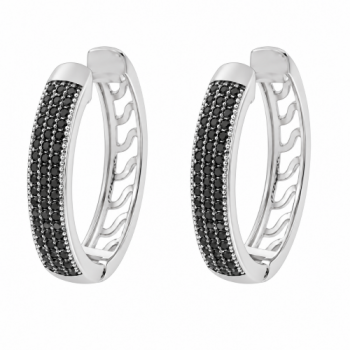 Brinco argola oval media zirconia negra vazada atras, prata. 350909