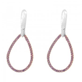 Brinco haste lisa gota pendurada zirconia lilas. 33x14.5mm, prata. 351380