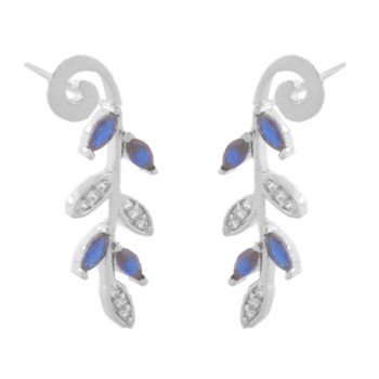 Brinco folhas navete azul safira e zirconia cristal. 25.5x9.5mm, prata. 351590