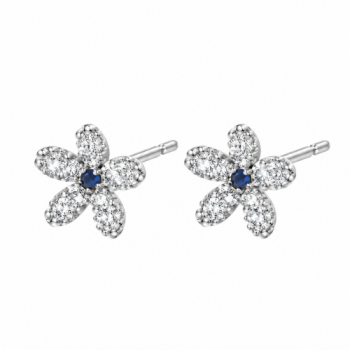 Brinco flor pequena miolo zirocnia azul, petalas zirconia cristal. 7mm, prata. 351605