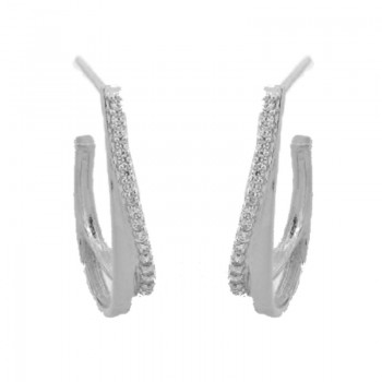 Brinco meia argola ovalada lisa e zirconia cristal na lateral. 22mm, prata. 351722