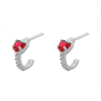 Brinco meia argola pequena zirconia branca com coracao zirconia vermelho rubi. 10x5mm, prata. 3517399