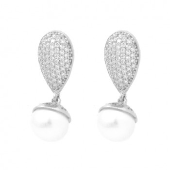 Brinco zirconia cristal com perola pendurada. 18x8.5mm, prata. 351970
