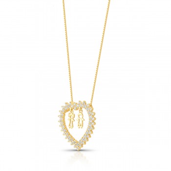 Colar coracao zirconia cristal com casal. 18x18mm. 161720