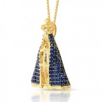 Colar Nossa Senhora Aparecida 27mm, mando zirconia azul safira com forro, corrente 45cm. 1620802