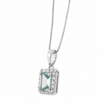 Colar retangular pedra maior azul agua marinha com zirconia cristal em volta, 5x3mm, Prata. 361974