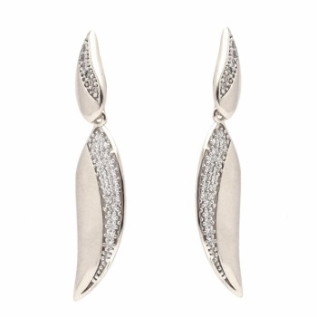 Brinco pendurado liso com zirconia cristal. 34.5x7.5mm, prata. 351381