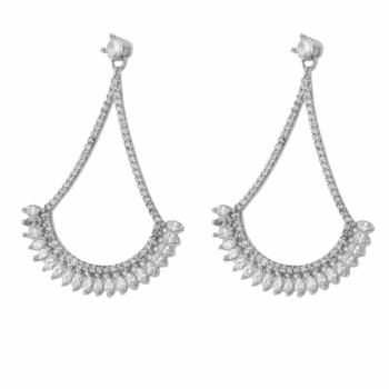 Brinco pendurar zirconia cristal, leque navete cristal. 41x29mm, prata. 351632